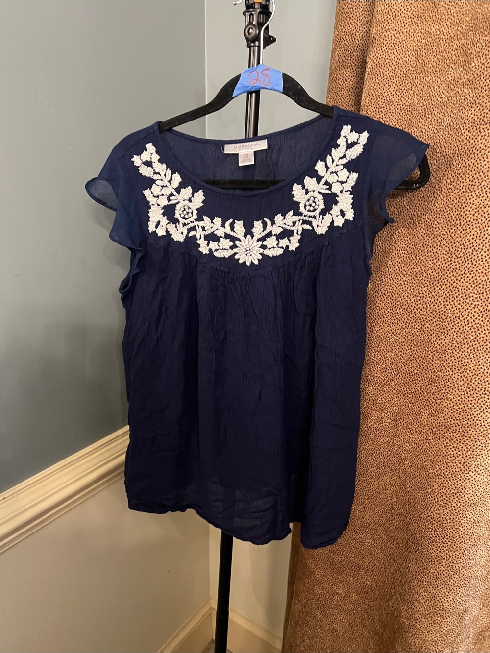 Motherhood Navy Blouse with White Floral Embroidery